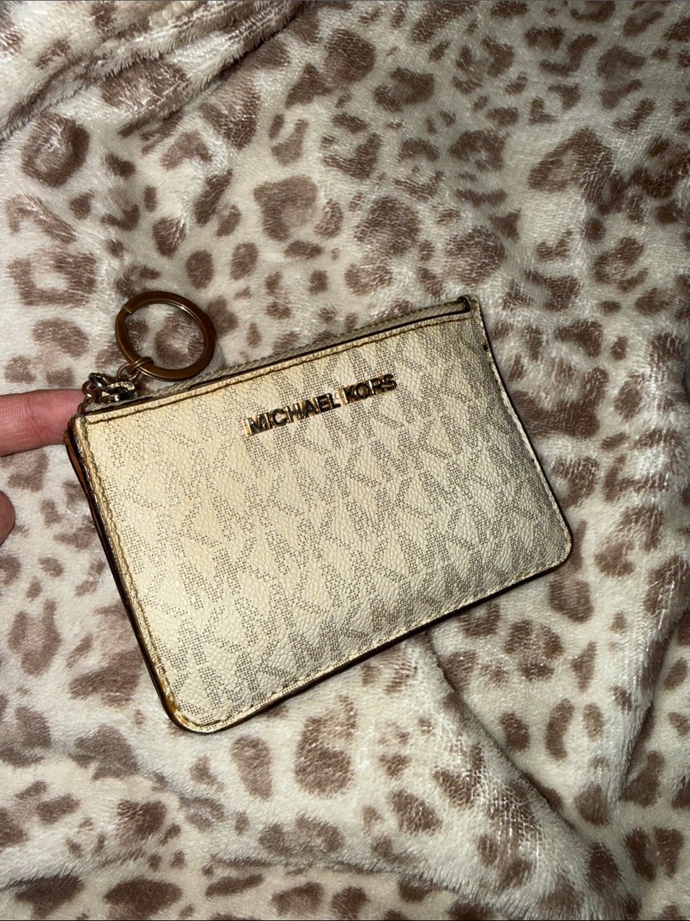 Michael Kors Metallic Gold Signature Card Case with Keyring White Wallet Leather